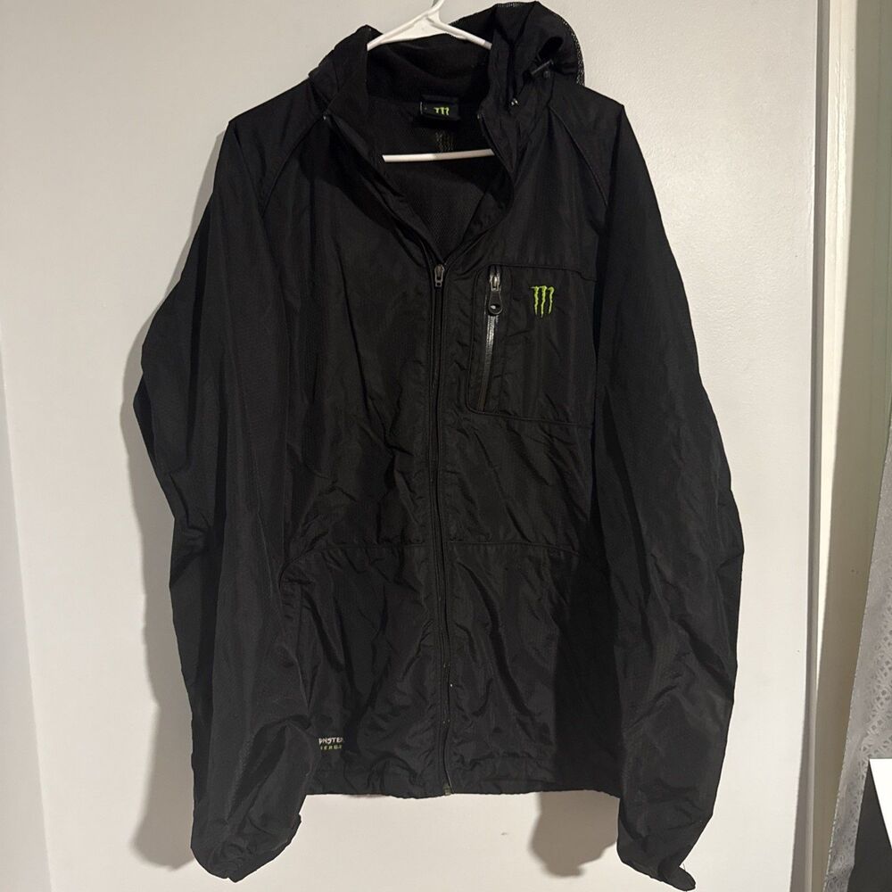 Monster Energy Official Jacket Mens Size 2XL Black Hooded Rain Windbreaker